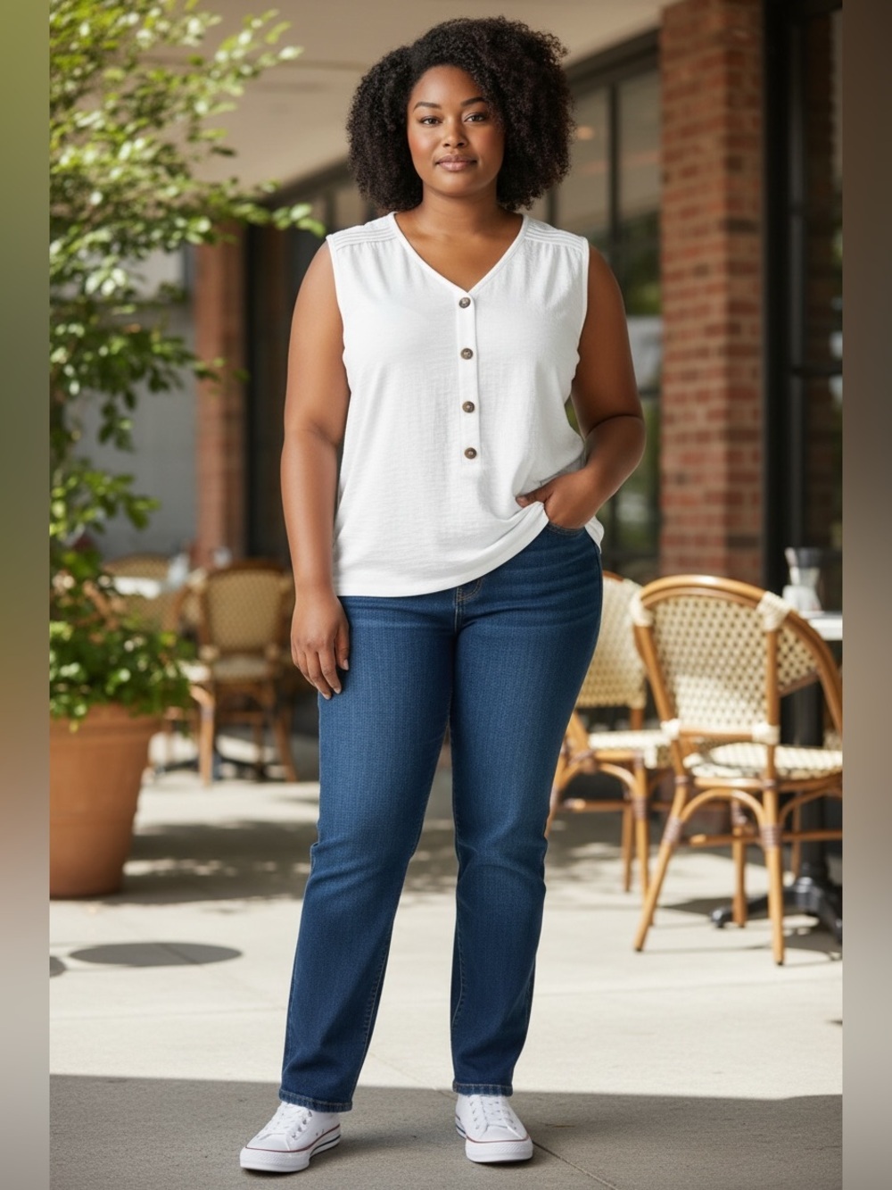(29)cleo White Buttoned Sleeveless V-Neck Tee